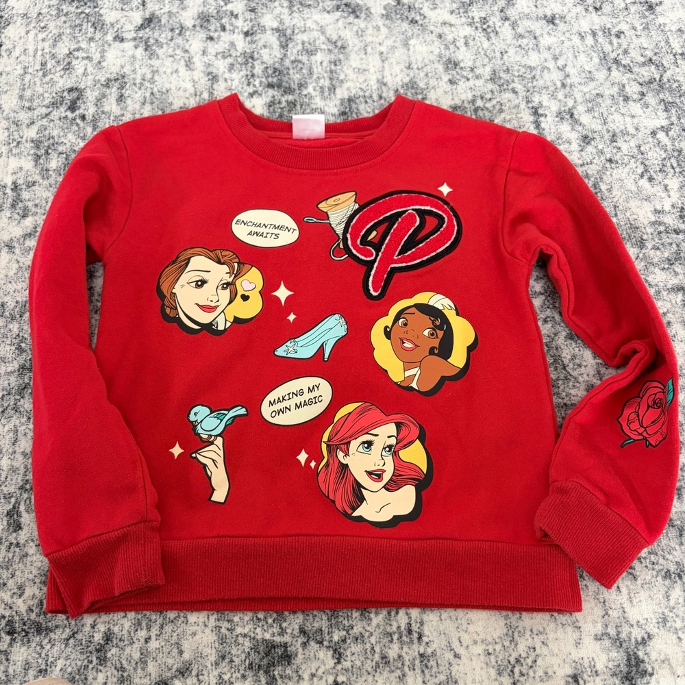 Disney 100 Princess Ariel Tiana Belle Pullover S Red Girls Sweatshirt Kids